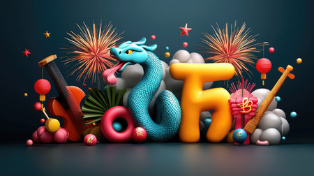 A colorful scene featuring a blue dragon playfully intertwined with vibrant letters, surrounded by playful shapes and festive fireworks.の素材