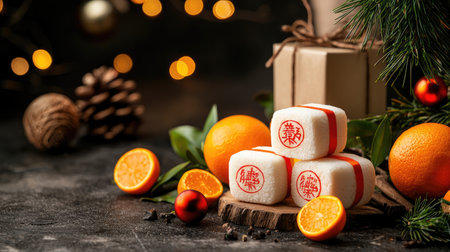 A festive arrangement of traditional Chinese pastries, citrus fruits, and holiday decorations, evoking a joyful seasonal celebration.の素材