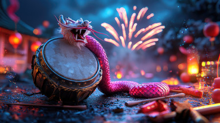 A vibrant scene featuring a dragon-headed drum surrounded by festive decorations, fireworks, and a mystical atmosphere.の素材