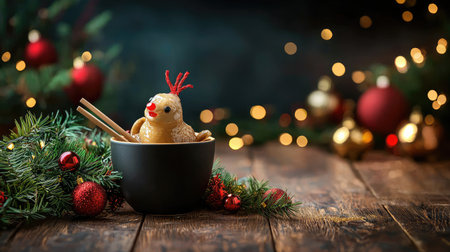 A festive scene featuring a cute chick decoration in a bowl, surrounded by Christmas greenery and ornaments, evoking holiday cheer.の素材