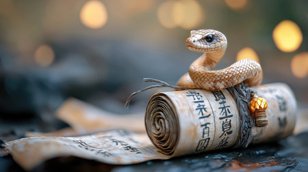 A small snake rests on a rolled-up piece of paper, with soft lighting and bokeh in the background, creating a calm and intriguing atmosphere.の素材