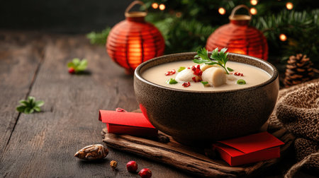 A cozy bowl of creamy soup garnished with herbs, surrounded by festive decorations, evoking warmth and comfort during the holiday season.の素材