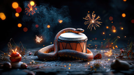 A vibrant scene featuring a snake coiled around a drum, surrounded by colorful sparks and festive elements, creating a lively atmosphere.の素材