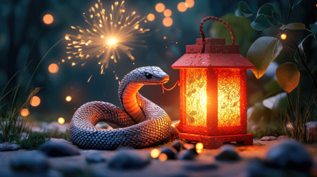 A snake coiled near a glowing lantern, surrounded by twinkling lights and sparkles, creating a mystical atmosphere in a lush environment.の素材