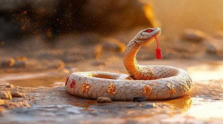 A golden serpentine creature glistens in the light, adorned with jewels and fabric, evoking a mythical and magical atmosphere.の素材