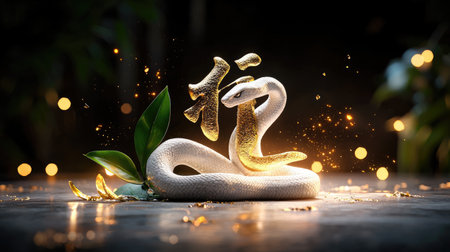 A shimmering snake sculpture surrounded by golden particles and green leaves, set against a dark background, creating a magical and enchanting atmosphere.の素材