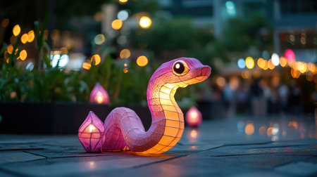A charming pink lantern in the shape of a snake, glowing softly against a backdrop of colorful lights and greenery.の素材