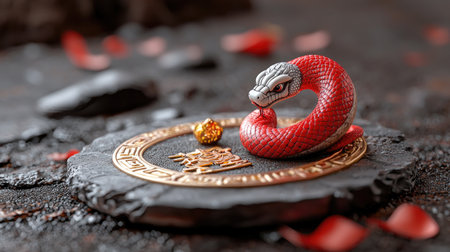 A vibrant red snake figurine coils around an ornate gold circular medallion, set against a textured dark background adorned with rose petals.の素材