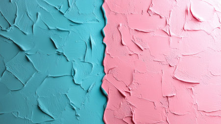 Abstract textured wall with a vibrant teal on the left and soft pink on the right, creating a striking contrast between the two colors.の素材