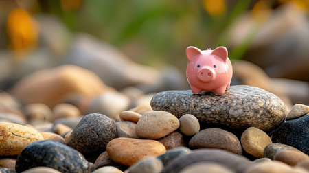 A cute pink piggy bank sits atop smooth pebbles, symbolizing savings and financial growth against a natural backdrop.の素材