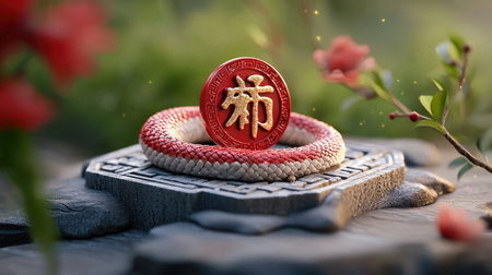 A decorative red coin with Chinese characters rests atop an intricately woven bracelet, surrounded by flowers and natural elements.の素材