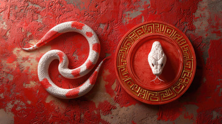 A striking image featuring a white snake with red patterns alongside a decorative plate displaying a snake's head, set against a bold red background.の素材