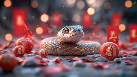 A detailed close-up of a majestic snake surrounded by red decorations and festive elements, symbolizing celebration and good fortune.の素材