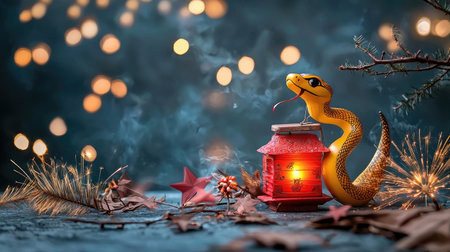 A vibrant scene featuring a yellow snake beside a glowing lantern, surrounded by autumn leaves and twinkling lights, creating a mystical atmosphere.の素材