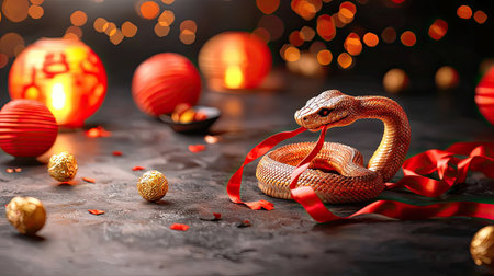 A decorative golden snake with red ribbons amidst festive lanterns and ornaments, creating a vibrant, celebratory atmosphere.の素材