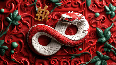 A vivid, intricate design featuring a red and white snake intertwined with lush green foliage on a textured red background.の素材