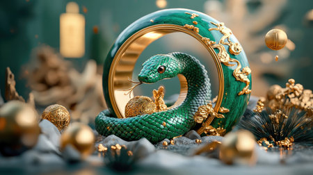 A detailed and artistic depiction of a green snake intertwined with a golden ring, set among festive decorations, conveying a luxurious and mystical theme.の素材