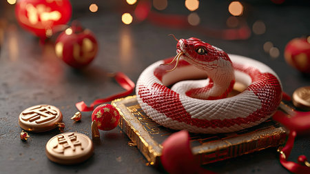 A coiled red and white snake rests atop a golden book, surrounded by festive lanterns and coins, creating a vibrant, celebratory atmosphere.の素材