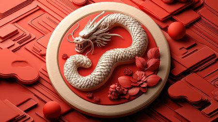 A striking red and gold stylized dragon coiled within a circular frame, adorned with floral motifs, showcasing intricate textures and vibrant colors.の素材