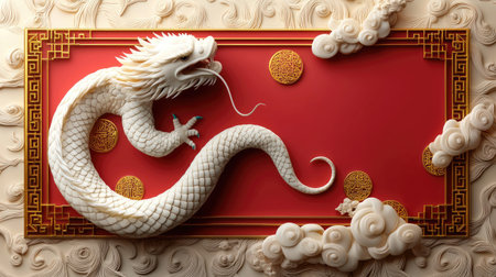 A detailed depiction of a white dragon intertwined with clouds on a vibrant red background, showcasing intricate textures and gold accents.の素材