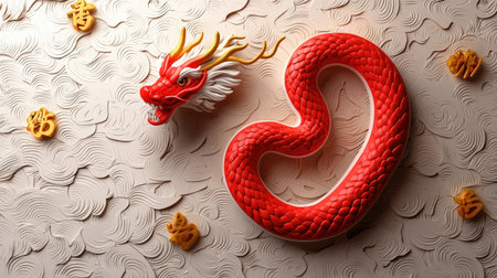 A vibrant red dragon coiled against a textured backdrop, symbolizing strength and prosperity in traditional Asian culture.の素材
