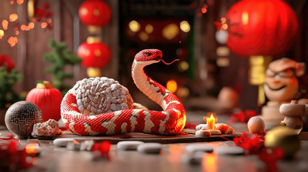 A vibrant scene featuring a coiled snake surrounded by festive decorations, including lanterns, candles, and traditional objects, evoking a celebratory atmosphere.の素材