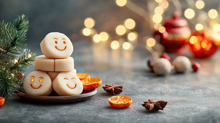 A festive arrangement of smiling cookies, dried fruits, and greenery, creating a cheerful holiday ambiance with warm lights in the background.の素材