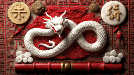A delicate white dragon coils against a rich red backdrop, surrounded by symbolic artifacts, representing prosperity and cultural significance.の素材