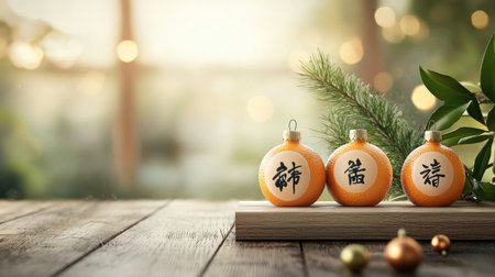 Decorative orange ornaments with Chinese characters sit on a wooden surface, surrounded by greenery and soft, blurred lights in a cozy setting.の素材