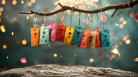 Colorful amulets hang from a branch, surrounded by a dreamy, blurred background, creating a magical and serene atmosphere.の素材