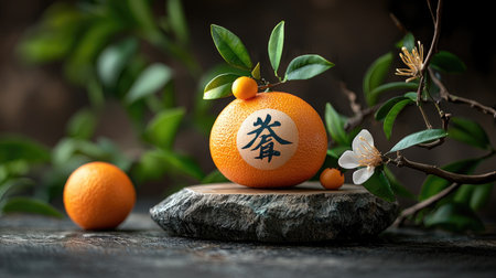 A vibrant, artistic display of oranges adorned with Chinese characters, surrounded by leaves and flowers, showcasing nature's beauty and cultural significance.の素材