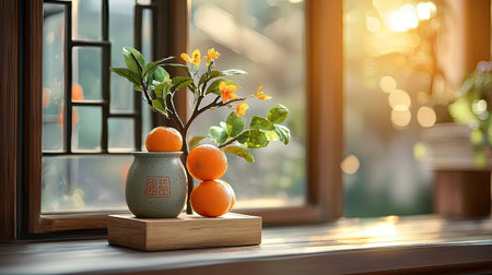 A serene still life featuring oranges and blossoms in a vase, set against a sunlit window, evoking a warm, inviting atmosphere.の素材