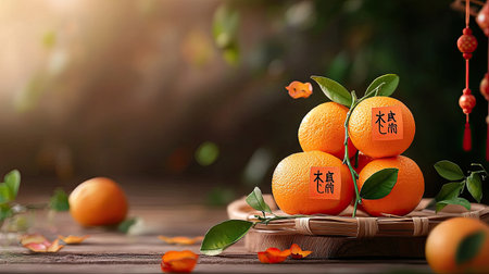 A vibrant arrangement of oranges with decorative leaves, set on a wooden surface, exuding freshness and warmth in a softly lit environment.の素材