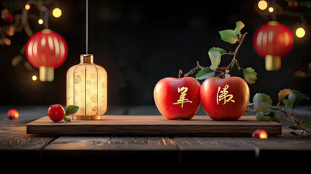 Two red apples with Chinese characters rest on a wooden board, illuminated by a glowing lantern, surrounded by festive decorations.の素材
