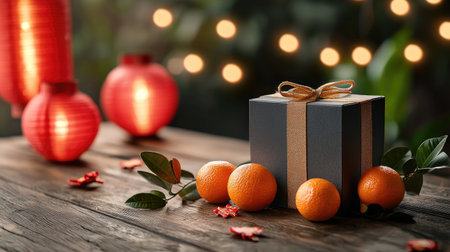 A beautifully wrapped gift sits among oranges and decorative lanterns, creating a warm, festive atmosphere perfect for celebrations.の素材