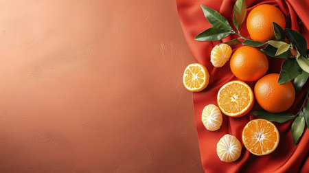 A vibrant display of oranges and mandarins on a textured copper background, accentuated by lush green leaves and a rich fabric.の素材