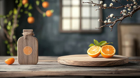 A rustic setting featuring a textured bottle, fresh oranges, and a wooden plate, complemented by greenery and a natural ambiance.の素材