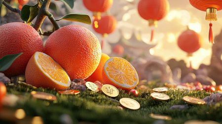A vibrant scene featuring oranges with dew, gold coins, and festive lanterns, symbolizing prosperity and abundance.の素材