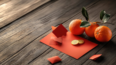 A vibrant arrangement of tangerines beside a red envelope on a wooden surface, evoking a festive and warm atmosphere.の素材