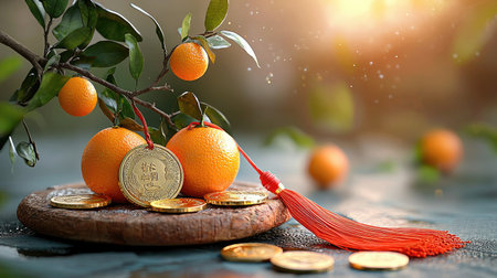 A vibrant display of oranges and gold coins, symbolizing prosperity and good fortune, with a decorative tassel, set against a soft, warm background.の素材