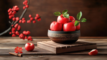 A decorative bowl filled with red apples and green leaves, set on a wooden surface with berries and a cinnamon stick, creating a warm, rustic atmosphere.の素材