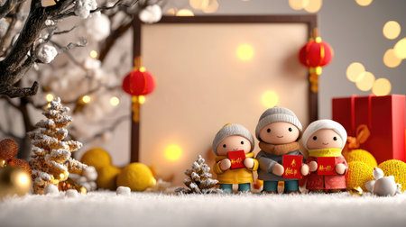 A festive scene featuring three cheerful figurines with gifts, surrounded by holiday decorations, lights, and ornaments, creating a cozy winter atmosphere.の素材