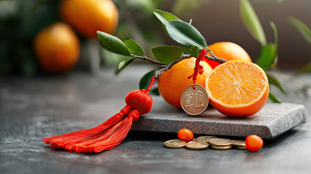 A vibrant arrangement featuring tangerines, coins, and decorative tassels, symbolizing prosperity and good fortune.の素材