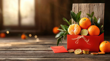 A festive arrangement of oranges in a red box with decorative leaves, set against a warm, wooden background, evoking a cozy, seasonal atmosphere.の素材