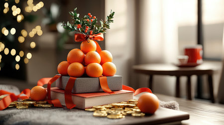 A festive arrangement featuring a pyramid of oranges on gift boxes, adorned with ribbons and holly, set in a cozy holiday atmosphere.の素材
