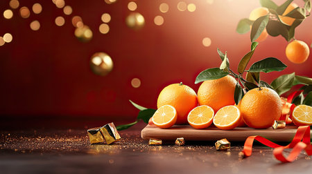 A vibrant display of fresh oranges on a wooden board, enhanced by festive decorations and warm lighting, creating a cheerful and inviting atmosphere.の素材
