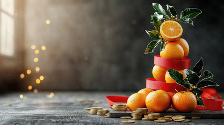 A vibrant display of stacked oranges with leaves, surrounded by coins, symbolizing prosperity and abundance against a soft, moody background.の素材