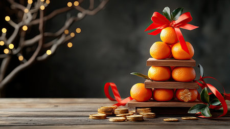 A festive display featuring stacked oranges tied with a red ribbon, surrounded by cookies, set against a softly lit background.の素材