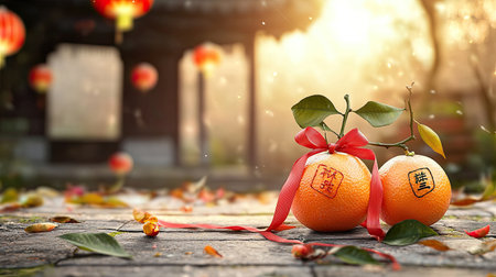 Two oranges tied with red ribbons sit on a wooden surface, surrounded by fallen leaves and soft sunlight, evoking a festive atmosphere.の素材