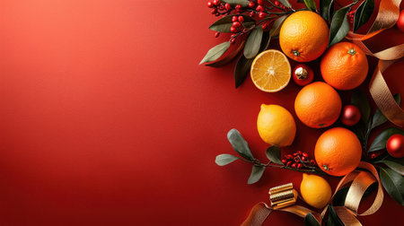 A vibrant arrangement of citrus fruits, berries, and festive decorations on a rich red background, perfect for holiday celebrations.の素材